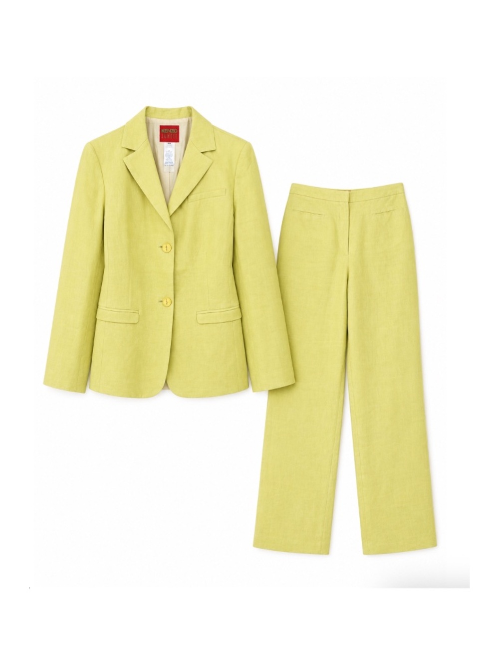 Kenzo Jungle Vintage Linen Blazer 2 Piece Pantsuit Citron Yellow Green FR 40